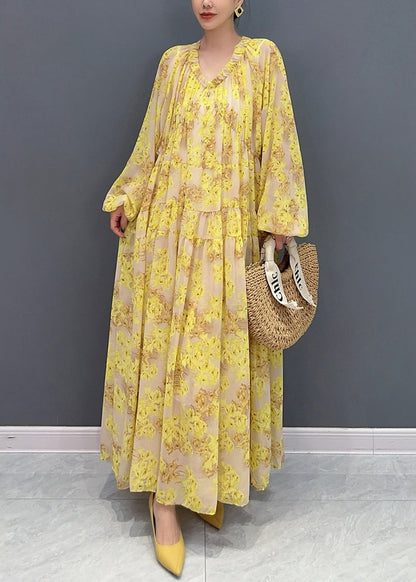 Yellow V Neck Ruffled Print Chiffon Long Dresses Fall Ay1015