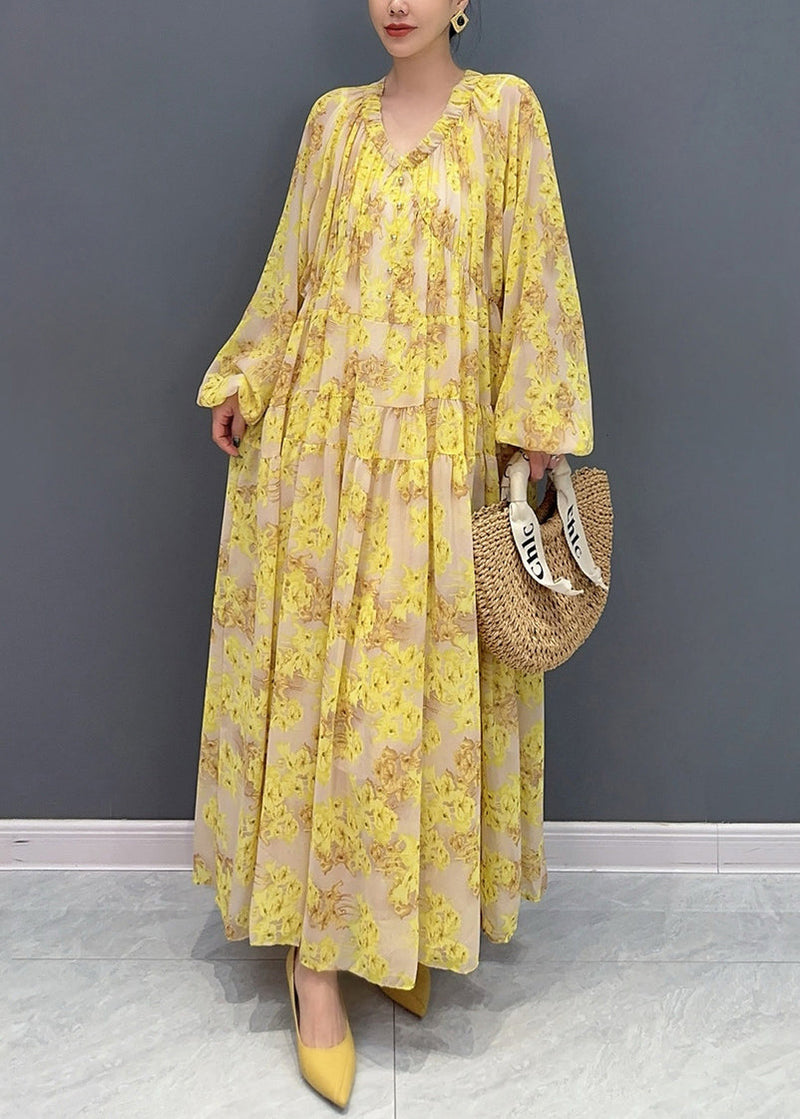 Yellow V Neck Ruffled Print Chiffon Long Dresses Fall Ay1015