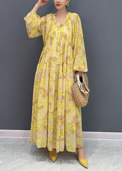 Yellow V Neck Ruffled Print Chiffon Long Dresses Fall Ay1015