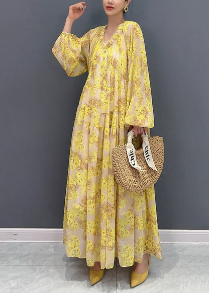 Yellow V Neck Ruffled Print Chiffon Long Dresses Fall Ay1015