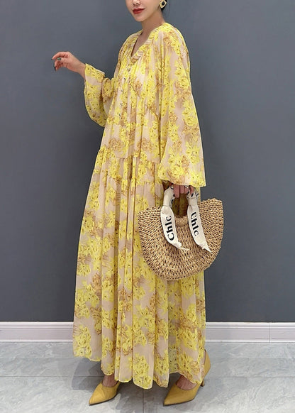 Yellow V Neck Ruffled Print Chiffon Long Dresses Fall Ay1015