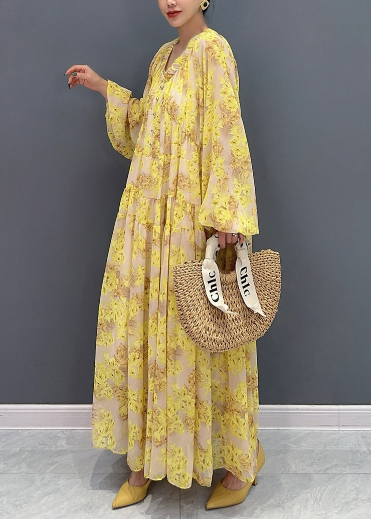 Yellow V Neck Ruffled Print Chiffon Long Dresses Fall Ao1069