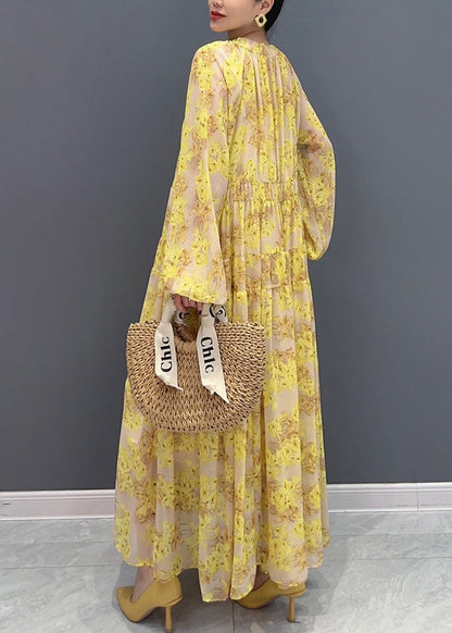 Yellow V Neck Ruffled Print Chiffon Long Dresses Fall Ay1015