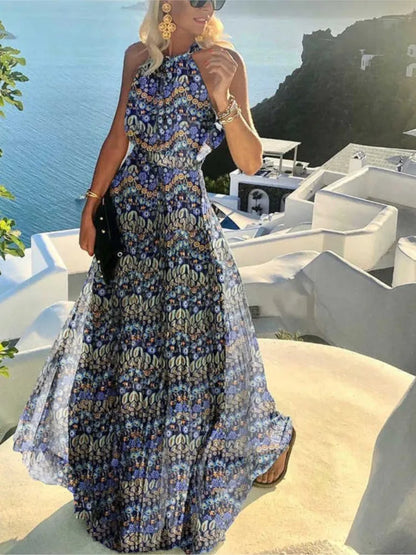 Polka Dot Print Halter Neck Long Dresses Backless Leace-up Sleeveless Pleated Dress Summer Vacation Style Vestidos