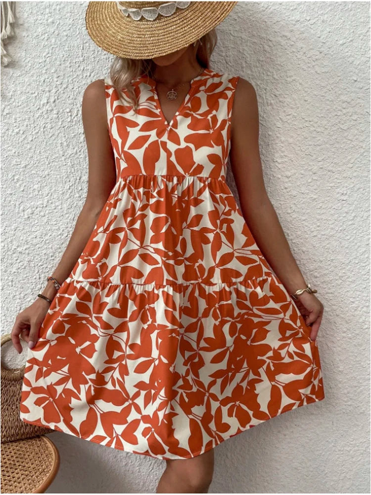 Print V Neck Woman Beach Knee-length Midi Dresses