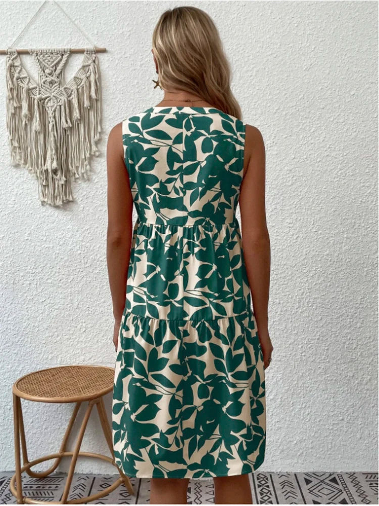 Print V Neck Woman Beach Knee-length Midi Dresses