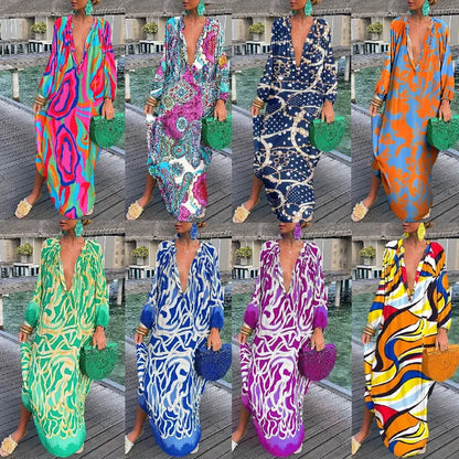 Printed Loose Long Dresses for V-neck Irregular Big Skirt Beachwear Maxi Dress Beach Vacation Vestidos