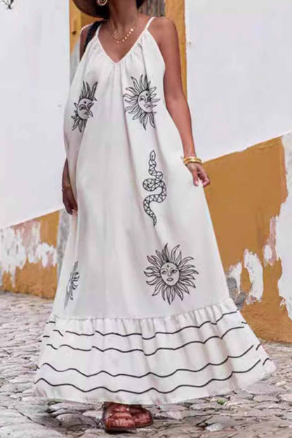 Printed Spaghetti Straps Backless Maxi Dress