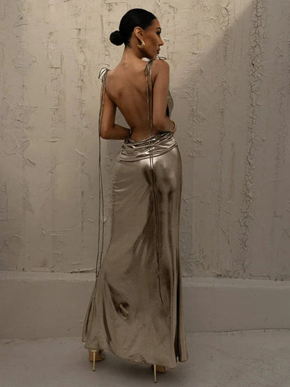 Sleeveless Backless Lace-up Faux Leather Maxi Dress