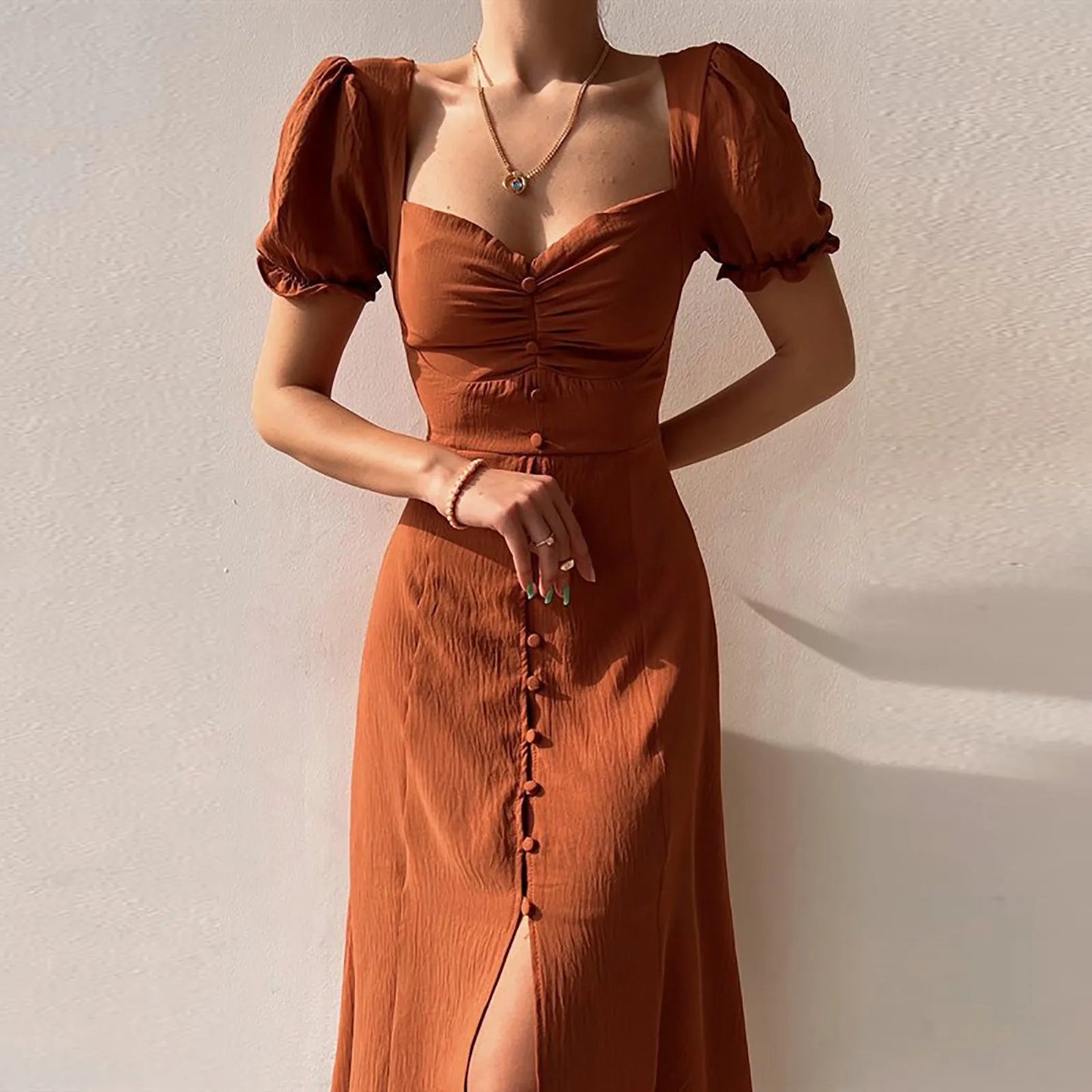 Square Neck A-line Pleated Midi Dress
