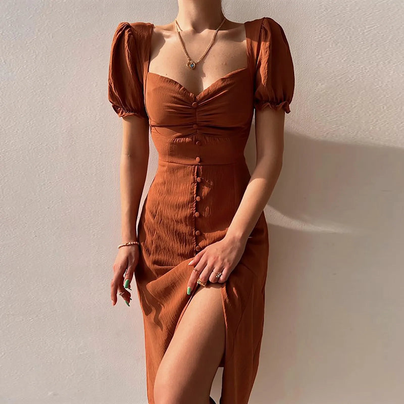 Square Neck A-line Pleated Midi Dress
