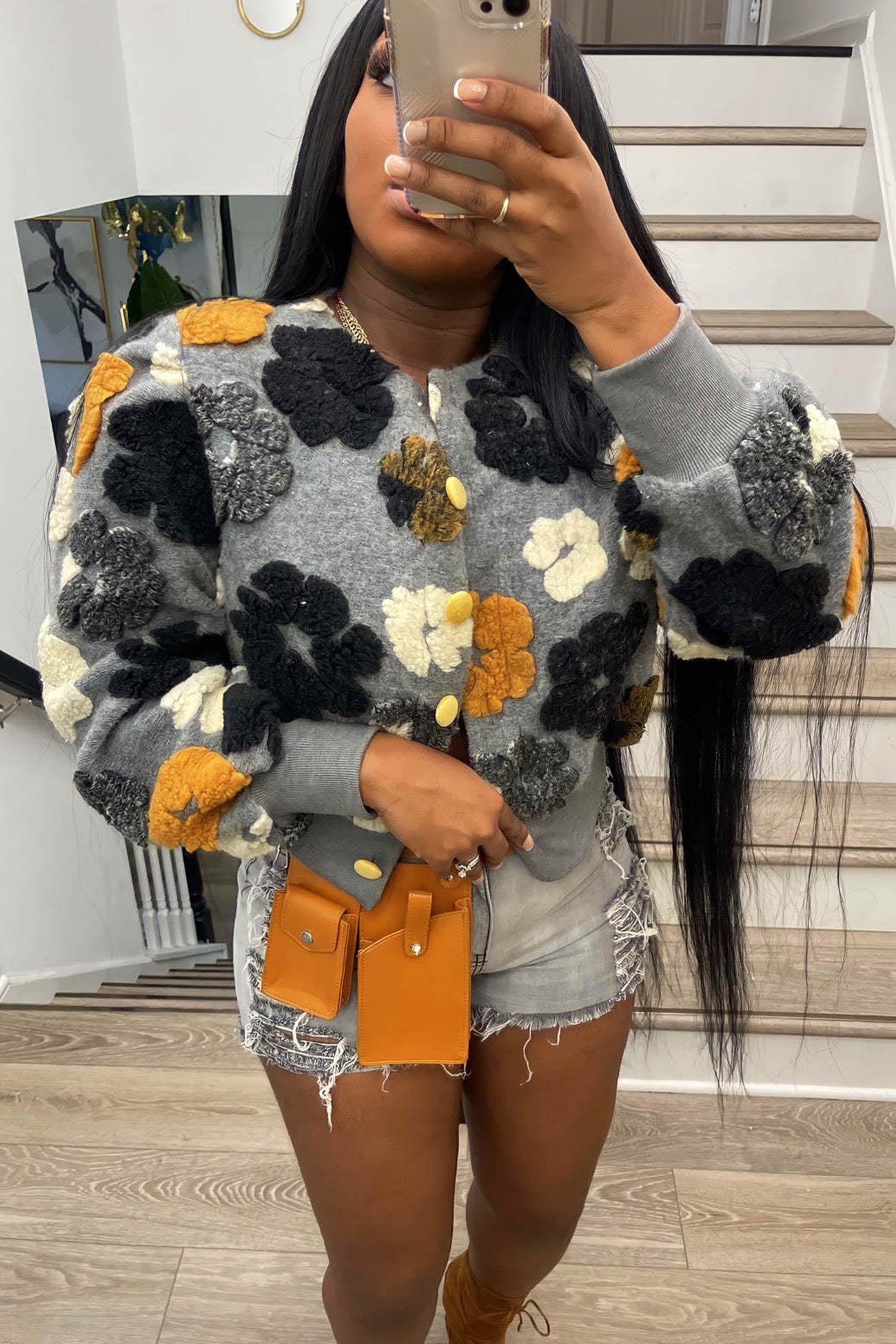 Puff Sleeve Jacquard Cardigan