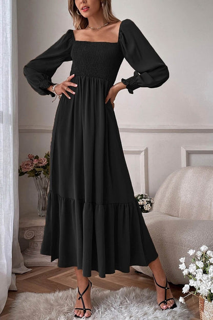 Puff Sleeve Smocked Ruffle Midi Dress
