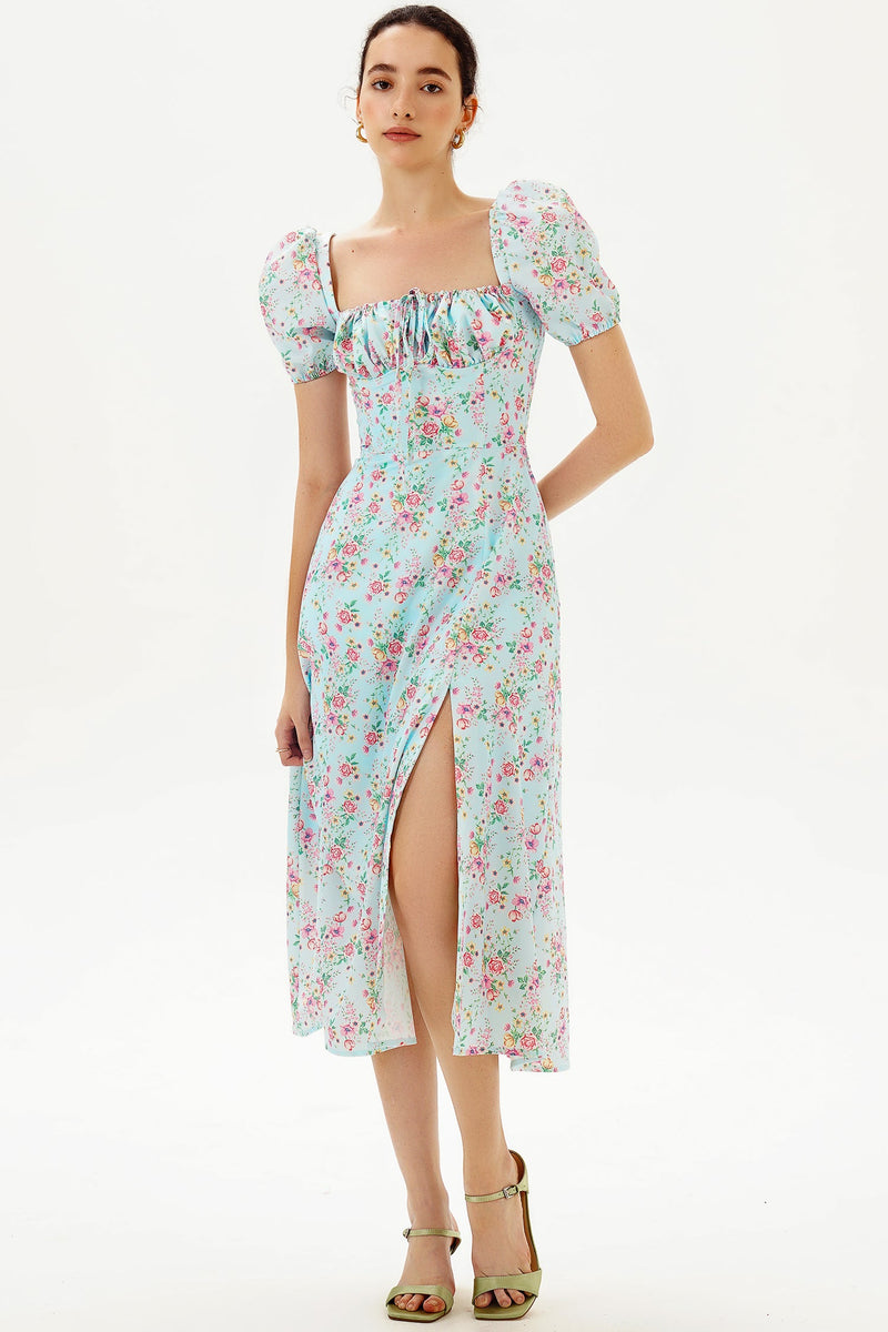 Puff Sleeve Slit Print Midi Dress Blue