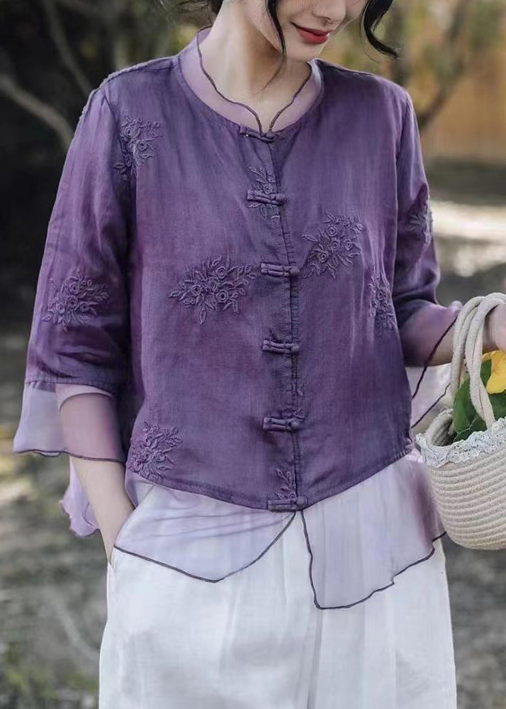 Purple Button Tulle Patchwork Blouses Embroidered Summer Vv098