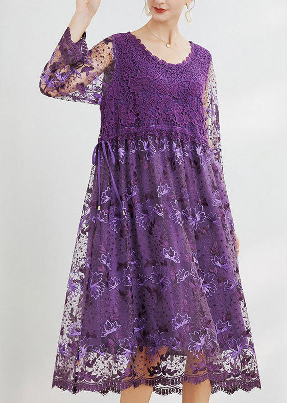 Purple Hollow Out Lace Patchwork Maxi Dresses O Neck Spring Ly0017