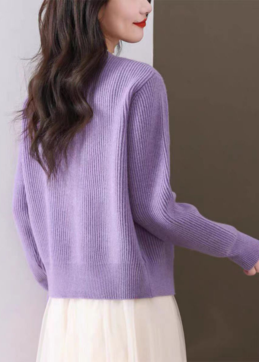 Purple Nail Bead Knit Fall Cardigan O Neck Qi006