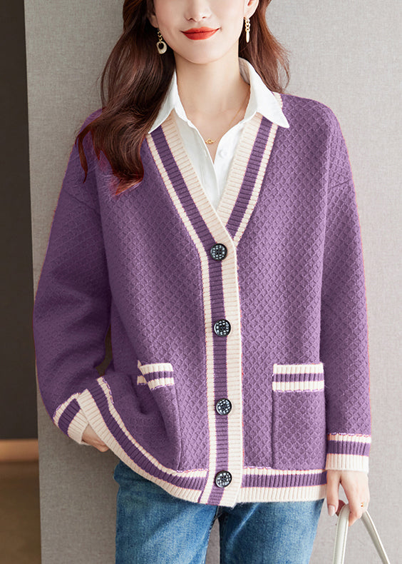 Purple Pockets Cozy Patchwork Knit Fall Cardigan V Neck Qs024