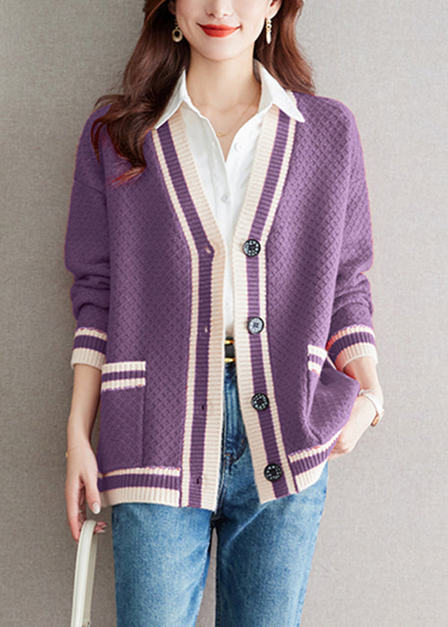 Purple Pockets Cozy Patchwork Knit Fall Cardigan V Neck Qs024