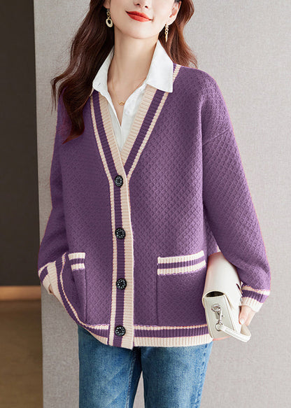 Purple Pockets Cozy Patchwork Knit Fall Cardigan V Neck Qs024