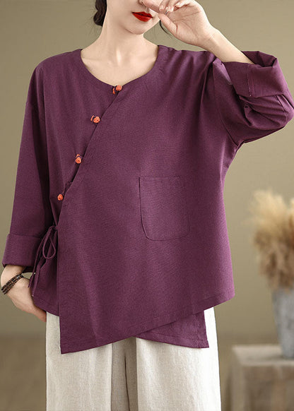 Purple Pockets Patchwork Cotton Blouses O Neck Lace Up Spring Tj011