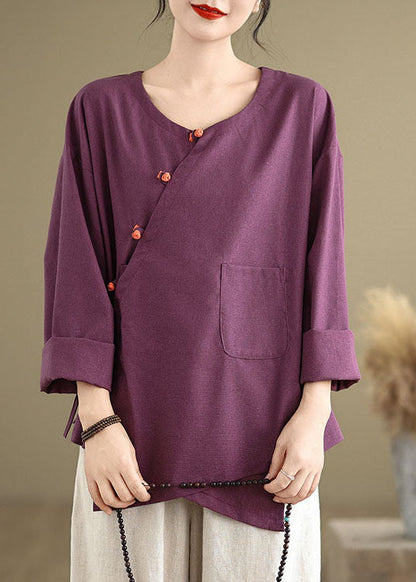 Purple Pockets Patchwork Cotton Blouses O Neck Lace Up Spring Tj011