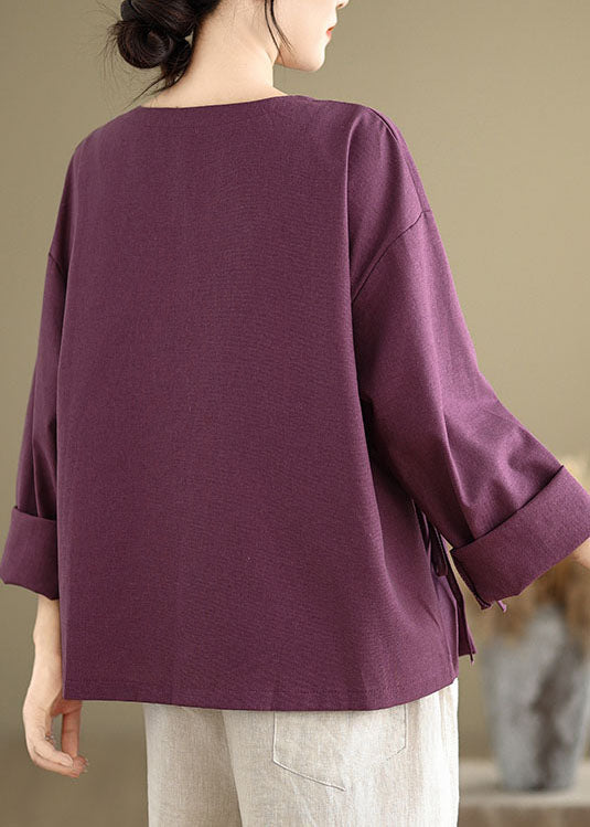 Purple Pockets Patchwork Cotton Blouses O Neck Lace Up Spring Tj011