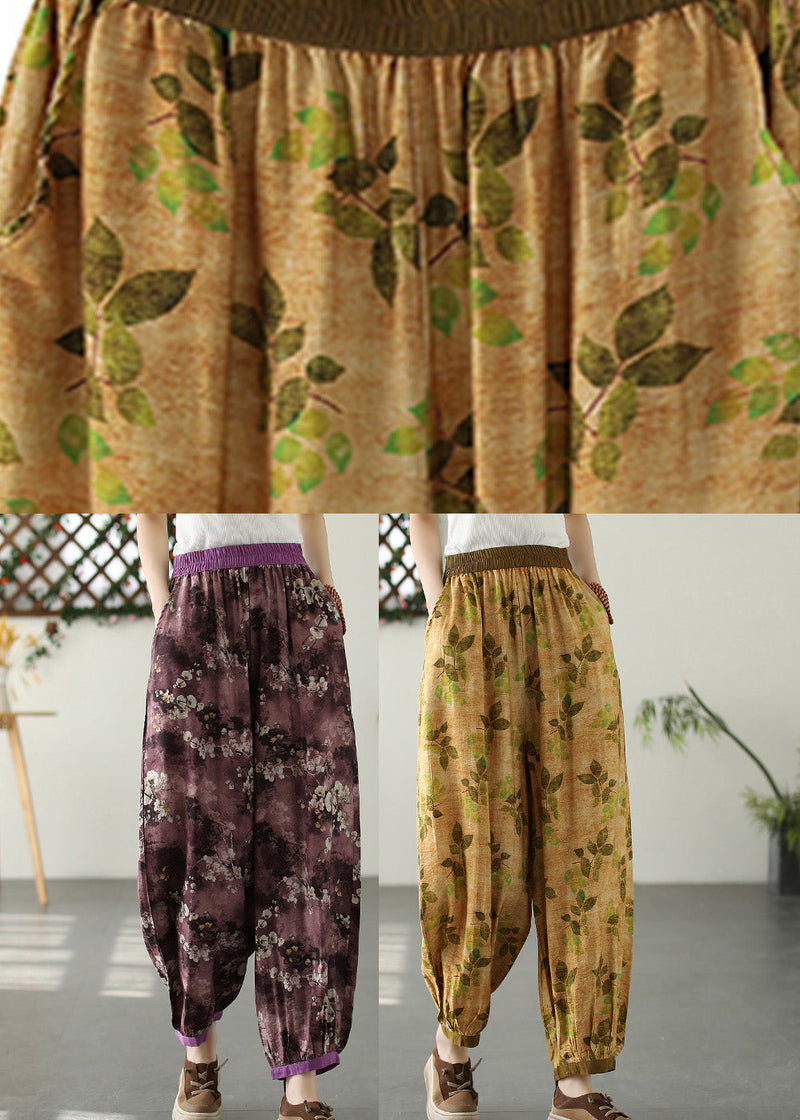 Purple Print Pockets Crop Beach Pants Summer Tq1017