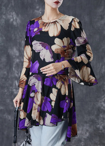 Print Tulle Blouse Tops Exra Large Hem Flare Sleeve
