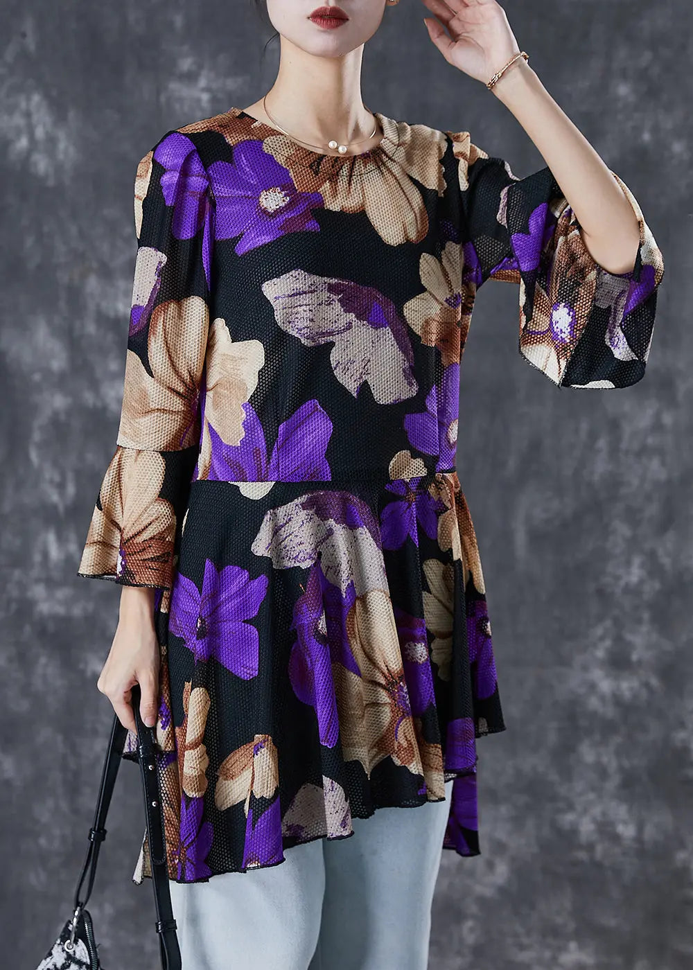 Print Tulle Blouse Tops Exra Large Hem Flare Sleeve
