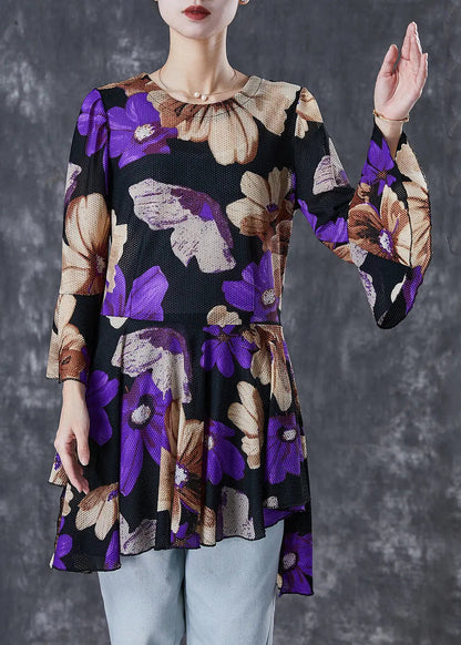 Print Tulle Blouse Tops Exra Large Hem Flare Sleeve