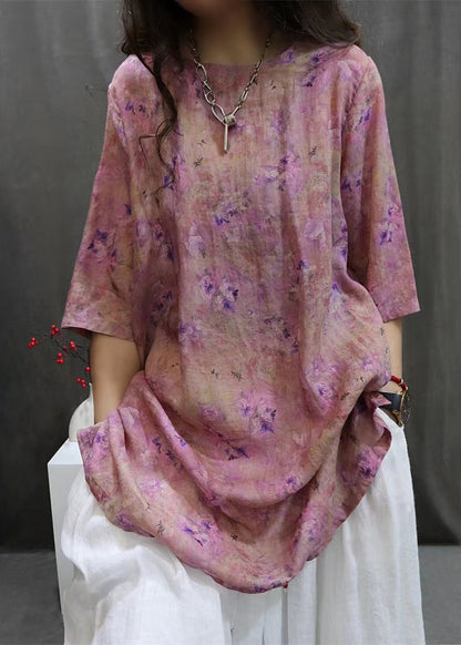 Purple Side Open Linen Blouse O-neck Summer Vv094