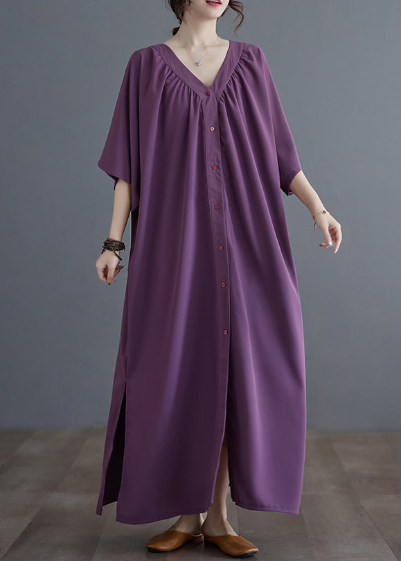 Purple Side Open Long Dresses Short Sleeve Gh1055