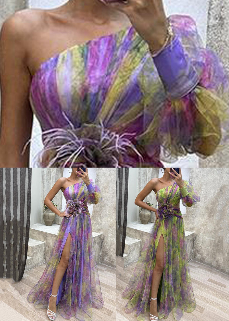 Purple Side Open Tulle Long Dress One Shoulder Summer Ww1033