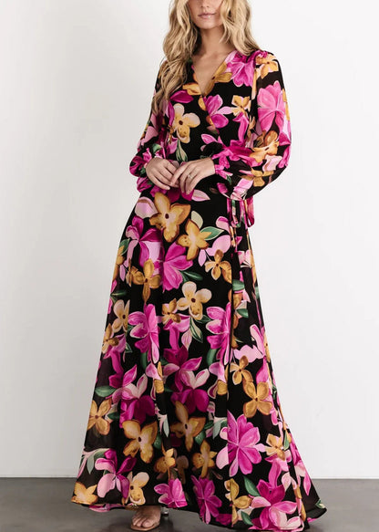 Purple Tie Waist Cotton Long Dress V Neck Long Sleeve Au1023