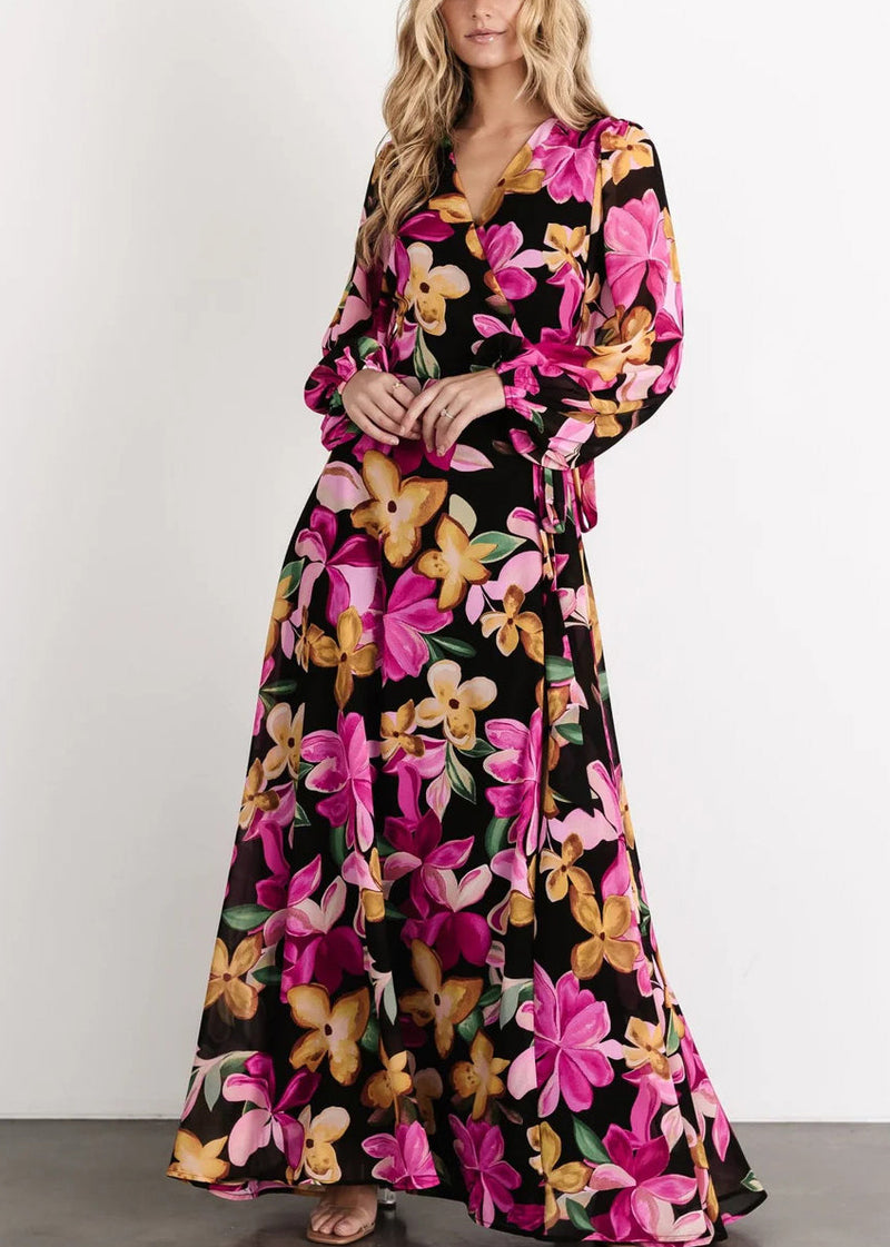 Purple Tie Waist Cotton Long Dress V Neck Long Sleeve Au1023