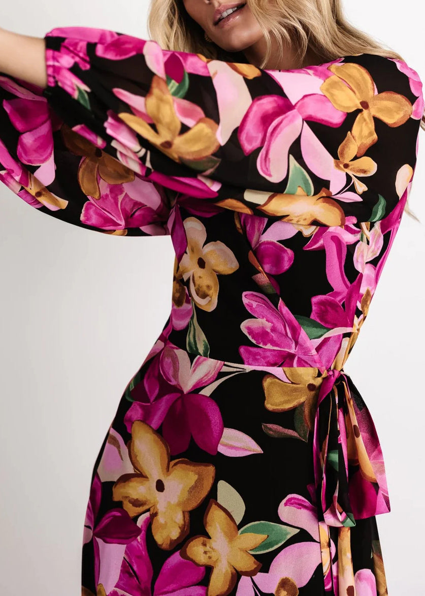 Purple Tie Waist Cotton Long Dress V Neck Long Sleeve Au1023