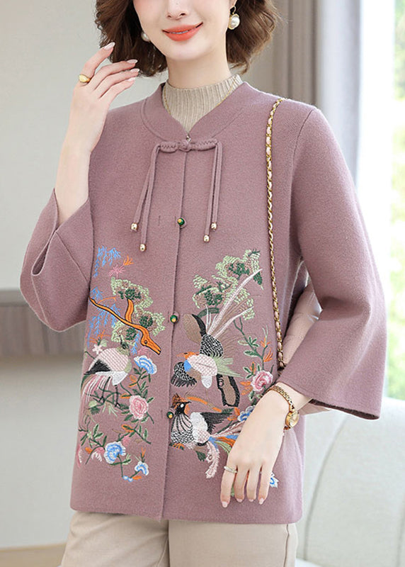 Purple Wool Knit Cardigan Embroidered Long Sleeve Ta025