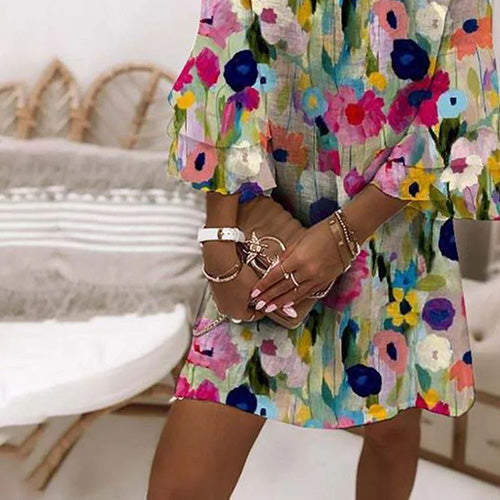Romantic Print V-neck Mini Dress