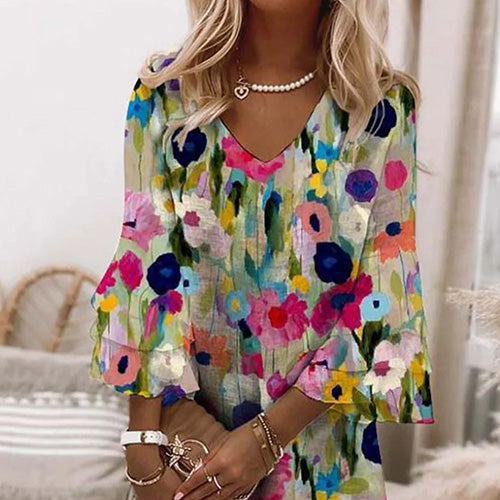 Romantic Print V-neck Mini Dress