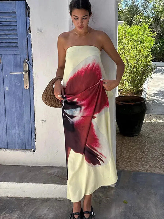 Print Backless Tube Belt Maxi Dress