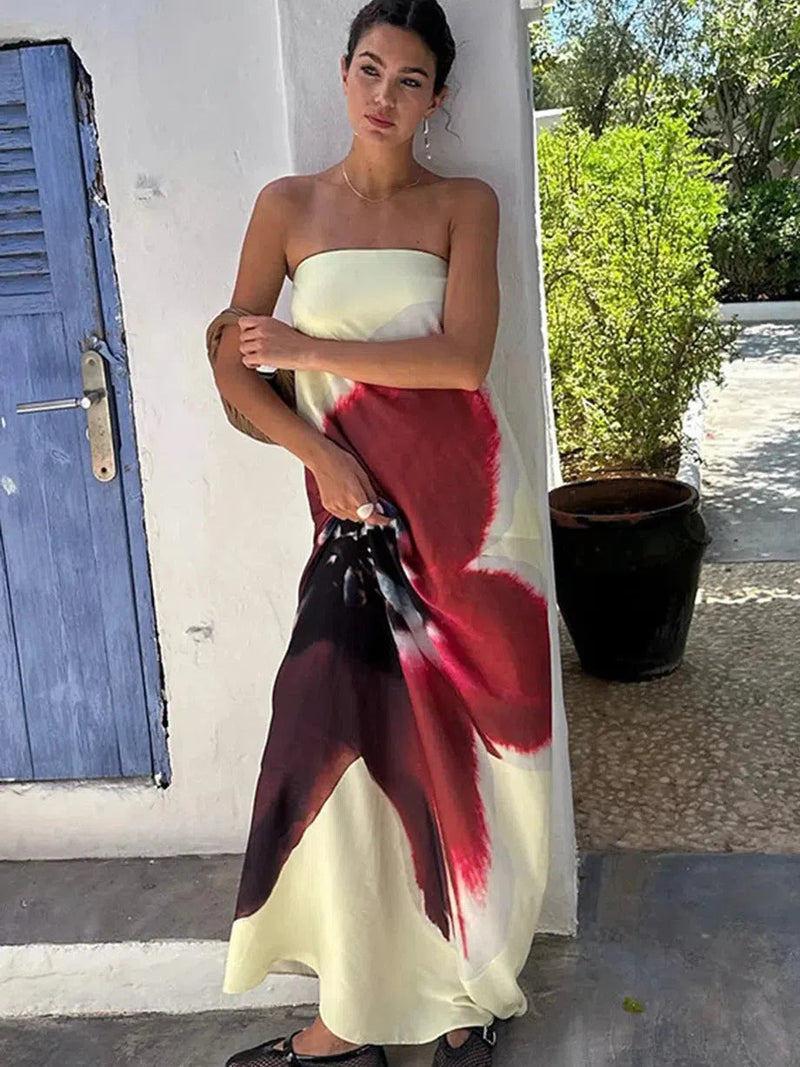 Print Backless Tube Belt Maxi Dress