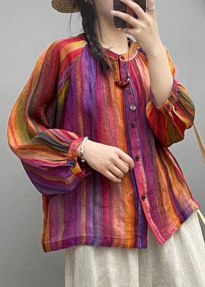 Rainbow Button Patchwork Linen Blouses O Neck Spring Vv056