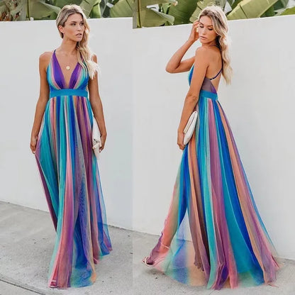 Rainbow Chiffon Spaghetti Strap Dresses Deep V-neck Backless Long Dress Evening Party Vestidos