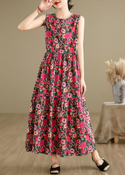 Red Button Patchwork Cotton Long Dress O Neck Summer Jh030
