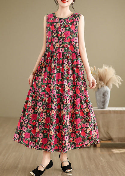 Red Button Patchwork Cotton Long Dress O Neck Summer Jh030