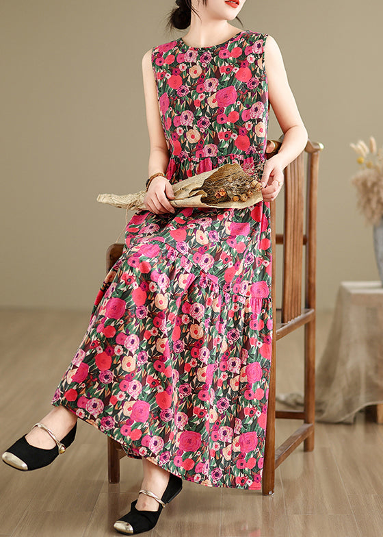 Red Button Patchwork Cotton Long Dress O Neck Summer Jh030