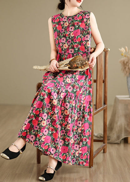 Red Button Patchwork Cotton Long Dress O Neck Summer Jh030