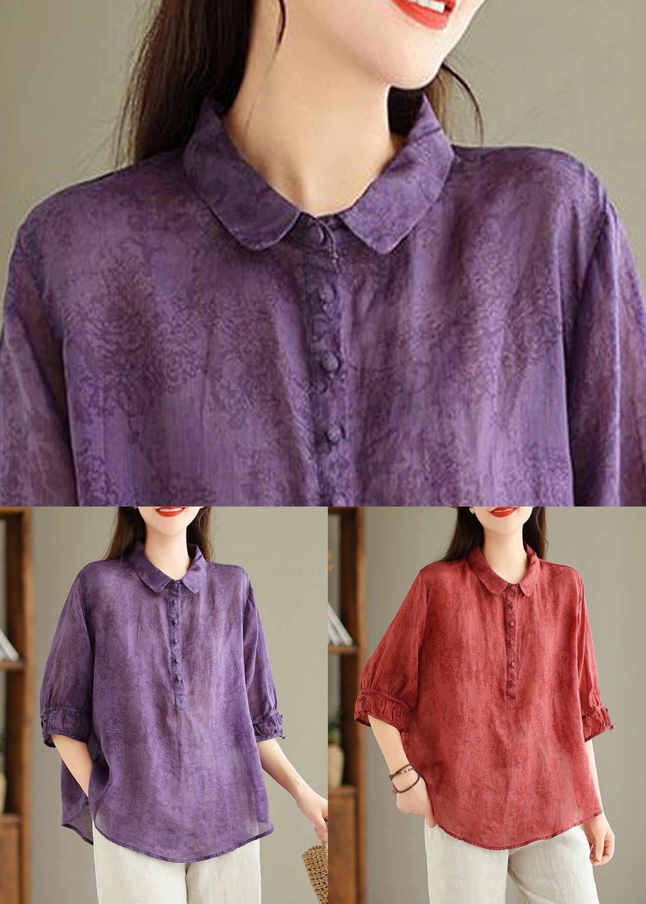 Red Button Print Linen Blouses Peter Pan Collar Summer Gg050