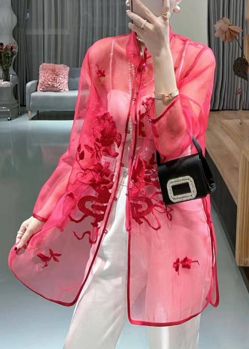 Red Button Thin Tulle Blouses Stand Collar Summer Qa1089